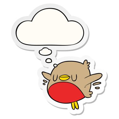 karikatür noel robin ve basılı bir etiket olarak kabarcık düşünce