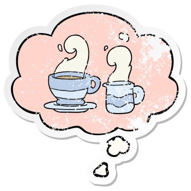 kahve karikatür fincan ve sıkıntılı yıpranmış st olarak kabarcık düşünce