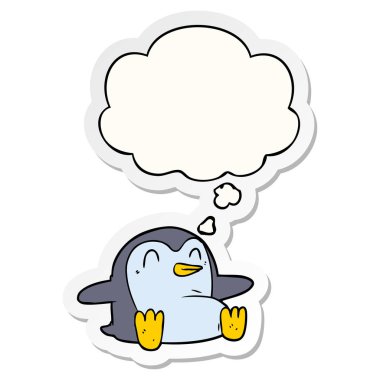 karikatür penguen ve baskılı bir etiket olarak kabarcık düşünce