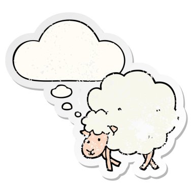 bir sıkıntılı aşınmış Sticker olarak karikatür koyun ve düşünce balonu