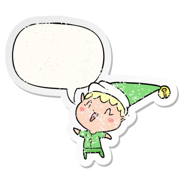 karikatür mutlu noel elf ve konuşma balonu sıkıntılı etiket