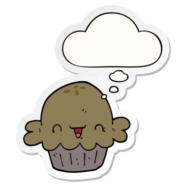 sevimli karikatür pasta ve baskılı bir etiket olarak kabarcık düşünce