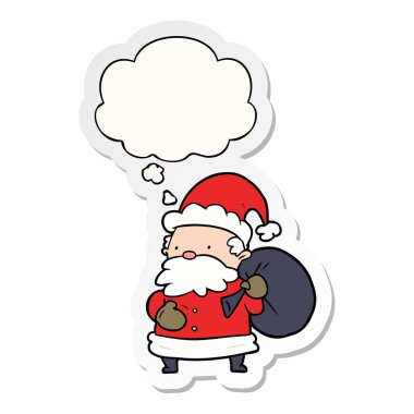 karikatür noel baba ve basılı bir etiket olarak kabarcık düşünce