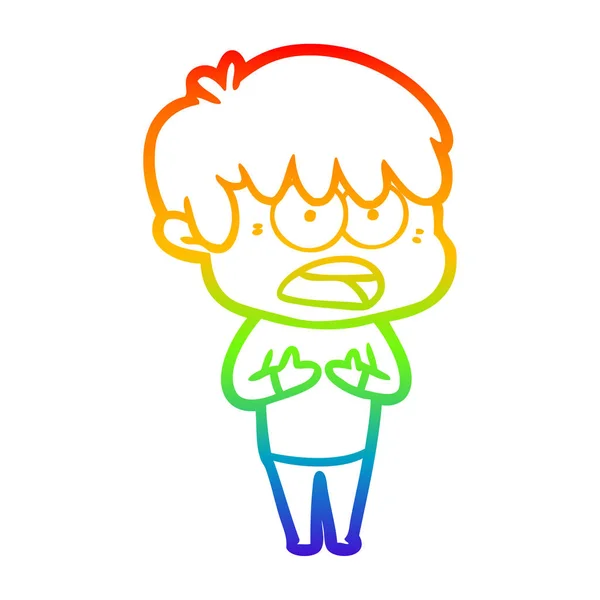 Rainbow gradient line drawing worried cartoon boy — Stock Vector