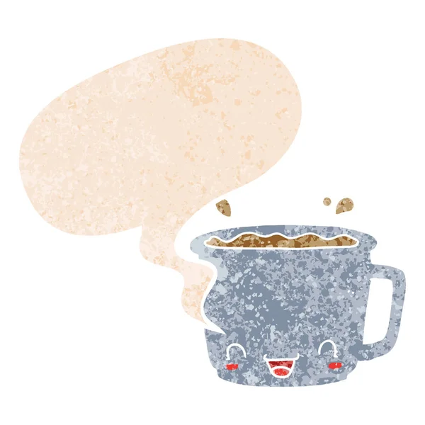 Taza de dibujos animados de café y burbuja del habla en estilo texturizado retro — Vector de stock
