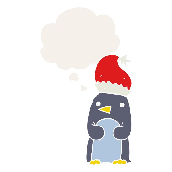 Lindo pingüino de Navidad y burbuja de pensamiento en estilo retro — Vector de stock