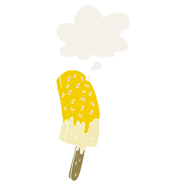Desenho animado sorvete alegre e pensamento bolha no estilo retro — Vetor de Stock