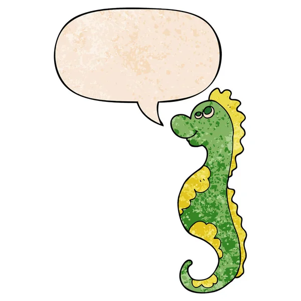 Cartoon sea horse and speech bubble in retro texture style — Stock Vector