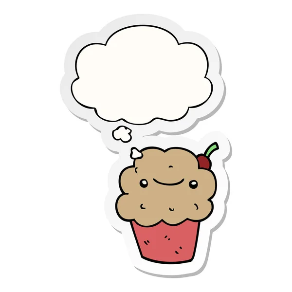 Cartoon cupcake en dacht Bubble als een gedrukte sticker — Stockvector