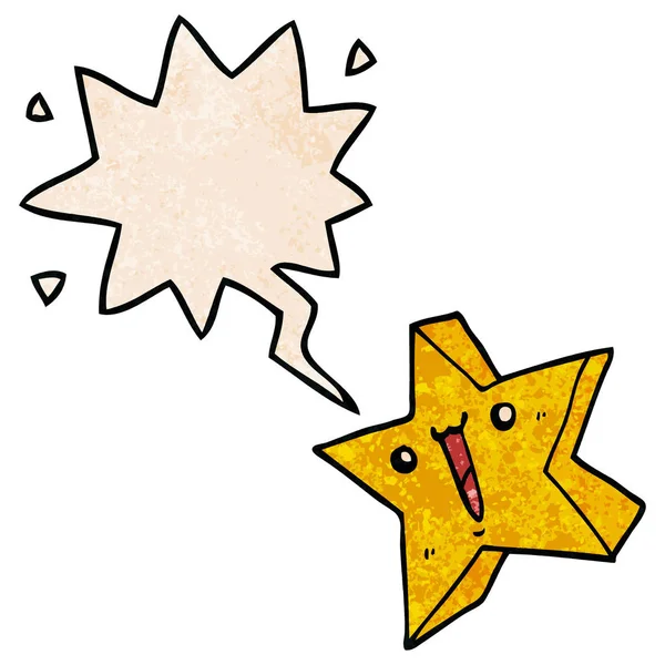 Desenho animado estrela feliz e bolha de fala em estilo de textura retro — Vetor de Stock