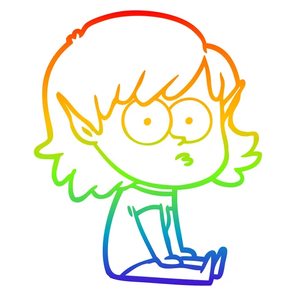 Arco-íris linha gradiente desenho cartoon elfo menina olhando — Vetor de Stock