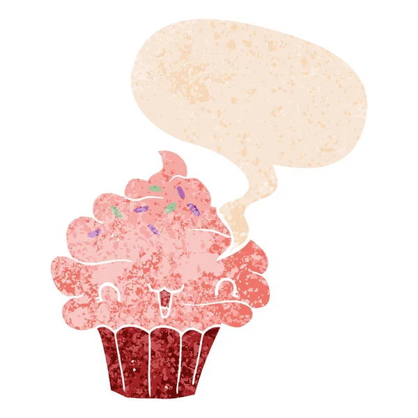 Bonito cartoon fosco cupcake e discurso bolha em retro texturizado — Vetor de Stock