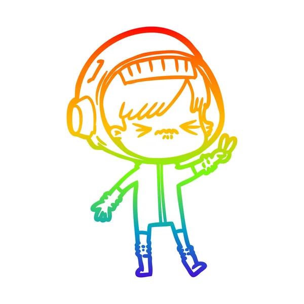 Rainbow gradient line drawing angry cartoon space girl holding u — Stock Vector