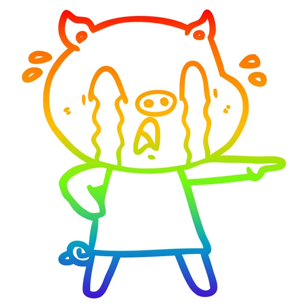 Rainbow gradient ligne dessin pleurer porc dessin animé portant humain c — Image vectorielle