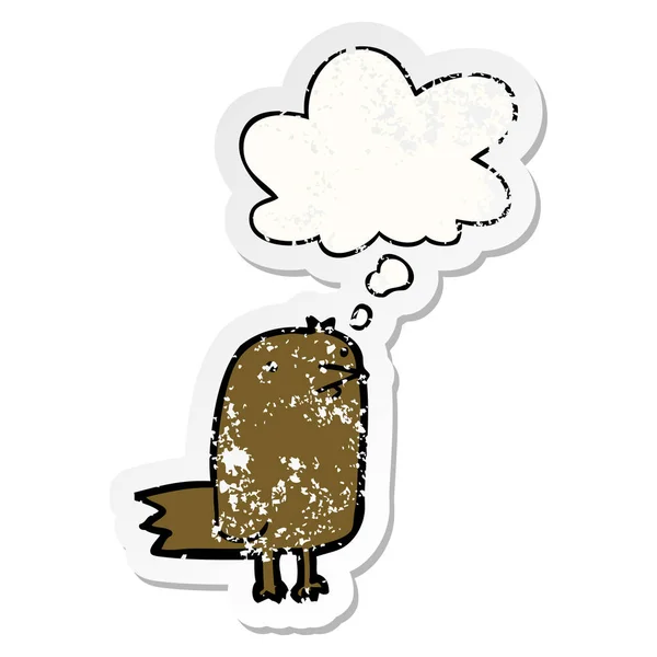 Pájaro de dibujos animados y burbuja de pensamiento como una pegatina desgastada angustiada — Vector de stock