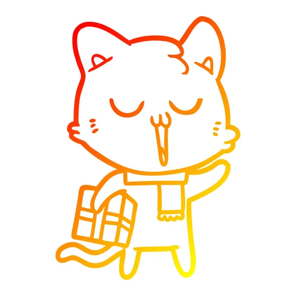 Warme Gradienten Linie Zeichnung Cartoon Katze mit Geschenk — Stockvektor
