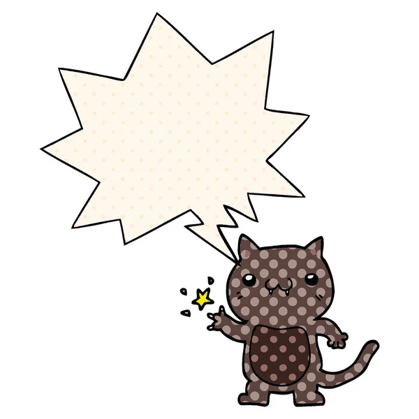 Desenho animado gato coçar e fala bolha em estilo de quadrinhos — Vetor de Stock