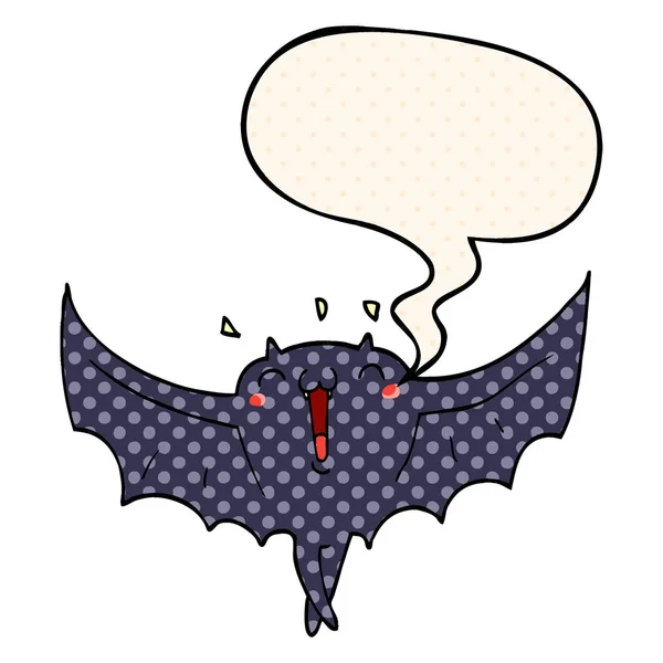 Cartoon happy vampire bat and speech bubble in comic book style — Stock Vector