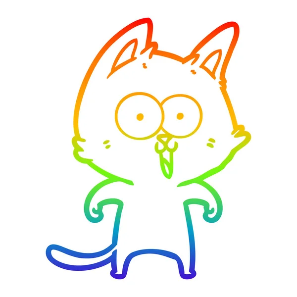 Rainbow gradient line drawing funny cartoon cat — Stock Vector