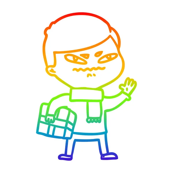Linea gradiente arcobaleno disegno cartone animato uomo arrabbiato che trasporta pacco — Vettoriale Stock