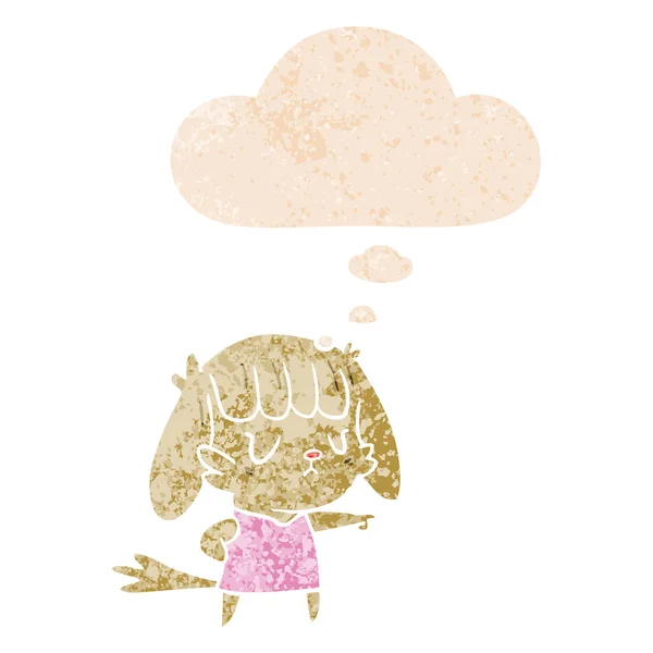 Desenho animado cão menina apontando e pensamento bolha em retro texturizado s —  Vetores de Stock