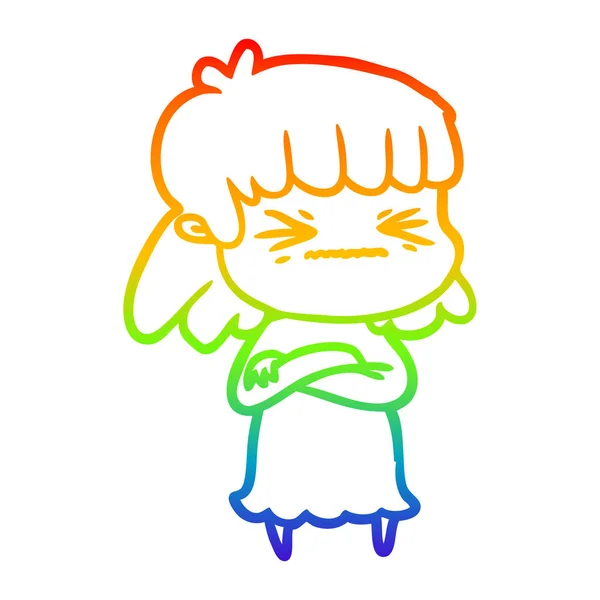 Regenbogen-Gradienten-Linie Zeichnung Karikatur wütendes Mädchen — Stockvektor