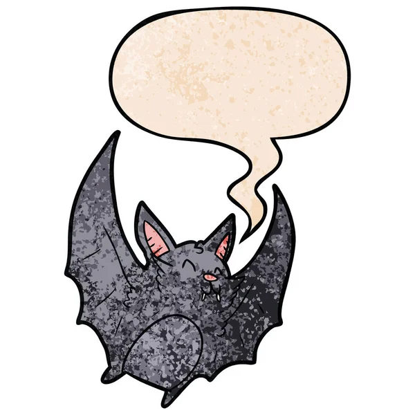 Murciélago de halloween vampiro de dibujos animados y burbuja de habla en textura retro — Vector de stock