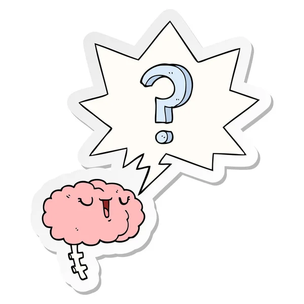 Cartoon nieuwsgierige hersenen en toespraak bubble sticker — Stockvector