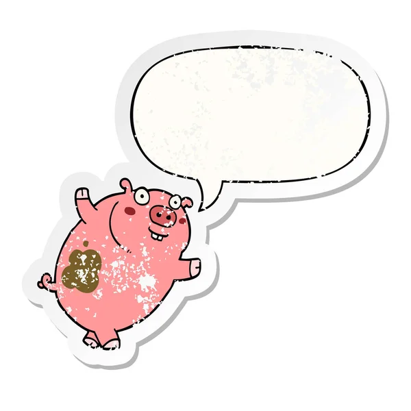 Drôle dessin animé cochon et parole bulle affligé autocollant — Image vectorielle