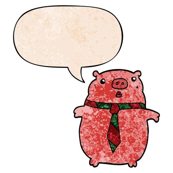 Dessin animé cochon portant cravate de bureau et bulle de la parole dans le textur rétro — Image vectorielle
