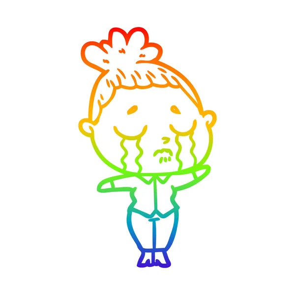 Arco iris gradiente línea dibujo dibujos animados llorando mujer — Vector de stock