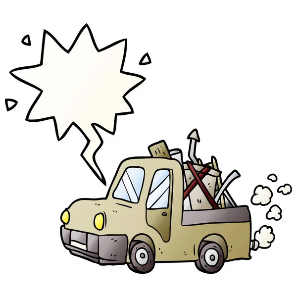 Мультфильм старый грузовик полный хлама и речи пузырь в гладкой гради — стоковый вектор