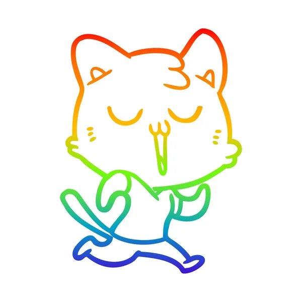 Rainbow gradient line drawing cartoon cat singing — Stock Vector