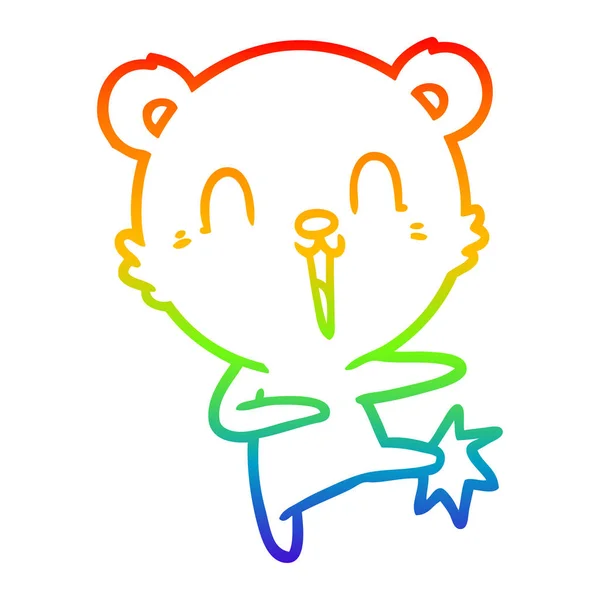 Rainbow gradient line drawing happy cartoon polar bear kicking — Stock Vector