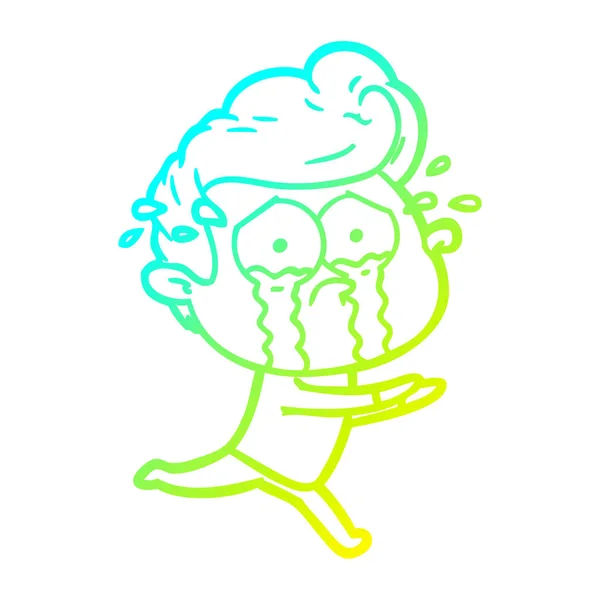 Cold gradient line drawing cartoon crying man running — стоковый вектор