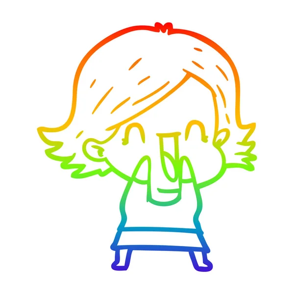 Regenboog gradiënt lijntekening cartoon gelukkige vrouw — Stockvector