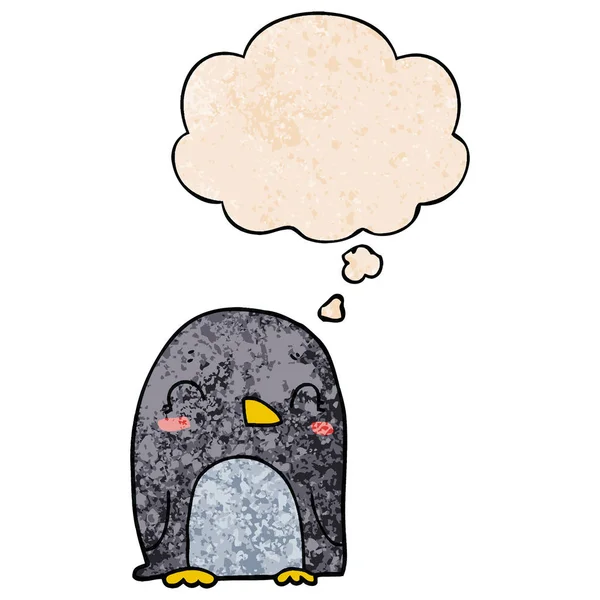 Pingüino de dibujos animados y burbuja de pensamiento en patrón de textura grunge sty — Vector de stock