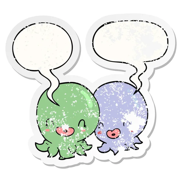 Dois octopos de desenhos animados e bolha de fala adesivo angustiado — Vetor de Stock