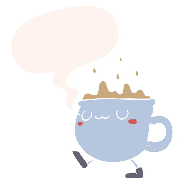 Cartoon Coffee Cup chodzenie i bańka mowy w stylu retro — Wektor stockowy