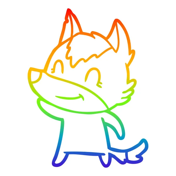 Arco iris gradiente línea dibujo amistoso dibujos animados lobo — Vector de stock