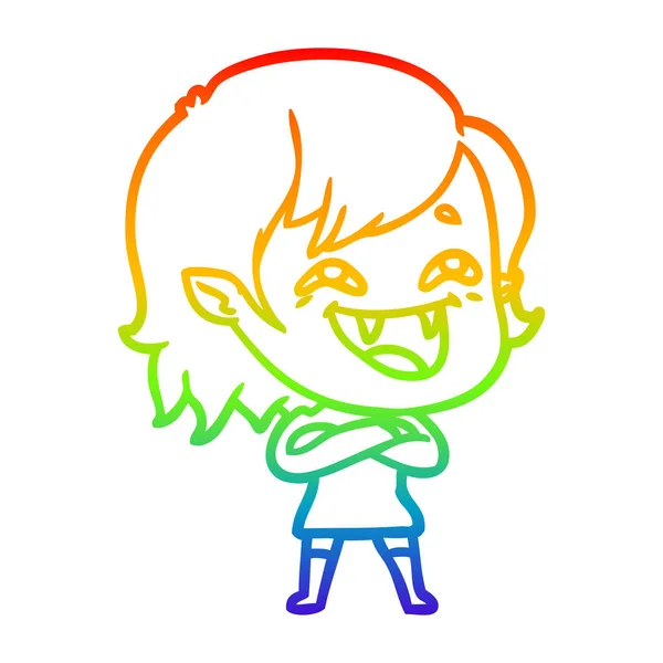 Arco iris gradiente línea dibujo dibujos animados riendo vampiro chica — Vector de stock