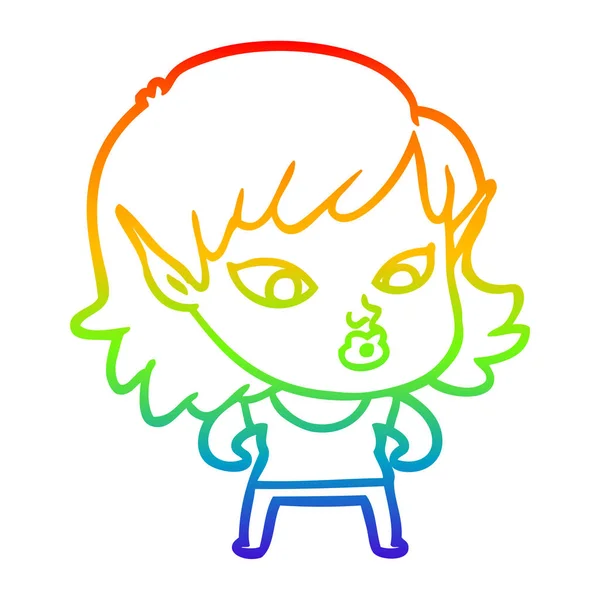 Regenboog gradiënt lijntekening pretty cartoon elf meisje — Stockvector