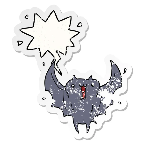 Cartone animato felice vampiro pipistrello e la bolla vocale angosciato adesivo — Vettoriale Stock