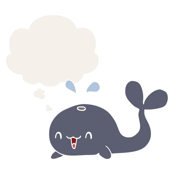 Dessin animé baleine heureuse et bulle de pensée dans le style rétro — Image vectorielle