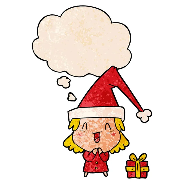 Chica de dibujos animados con sombrero de Navidad y burbuja de pensamiento en grunge — Vector de stock