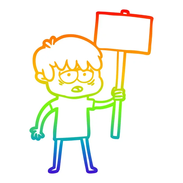 Rainbow gradient line drawing cartoon exhausted boy with placard — Stock Vector