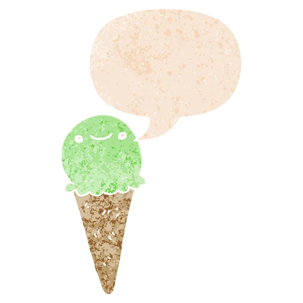 Cartoon Ice Cream och pratbubbla i retro texturerat stil — Stock vektor