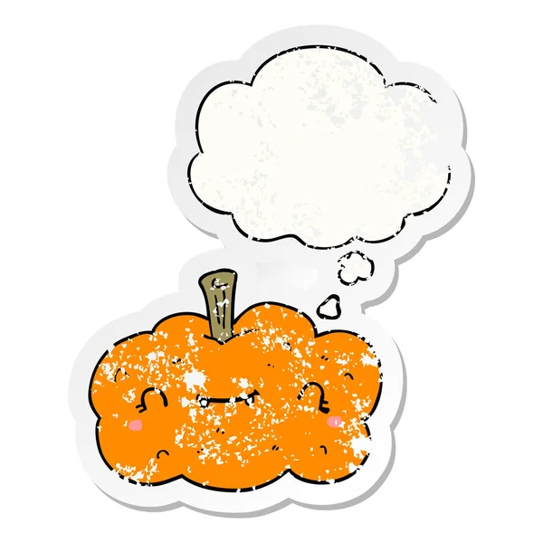 Cartoon pumpkin and thought bubble as a distressed worn sticker — Stock Vector