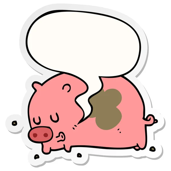 Cute cartoon pig and speech bubble sticker — Stock Vector