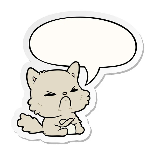 Bonito desenho animado irritado gato e fala bolha adesivo — Vetor de Stock